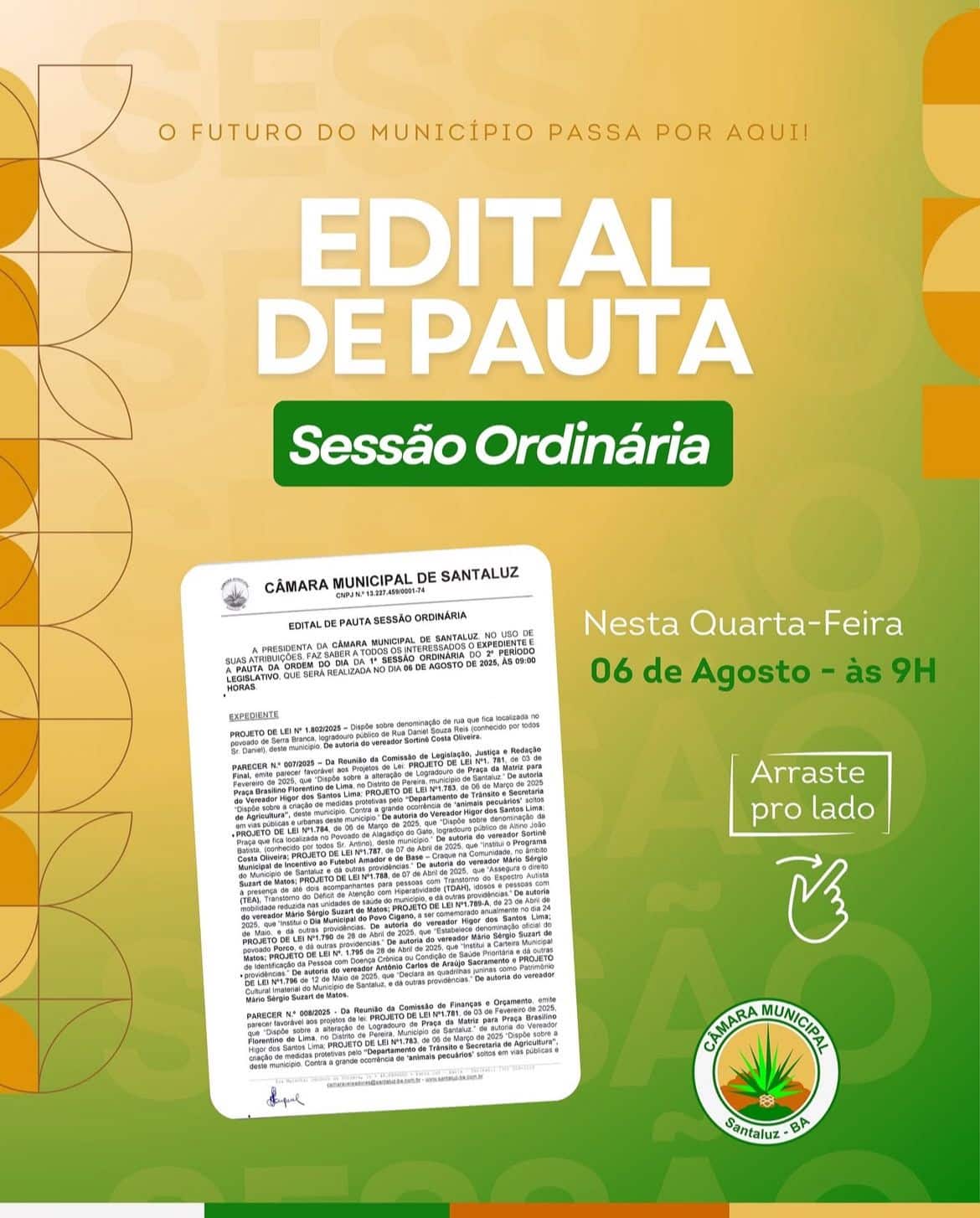 Leia mais sobre o artigo EDITAL DE PAUTA 1• SESSÃO ORDINÁRIA DO 2° PERÍODO LEGISLATIVO!