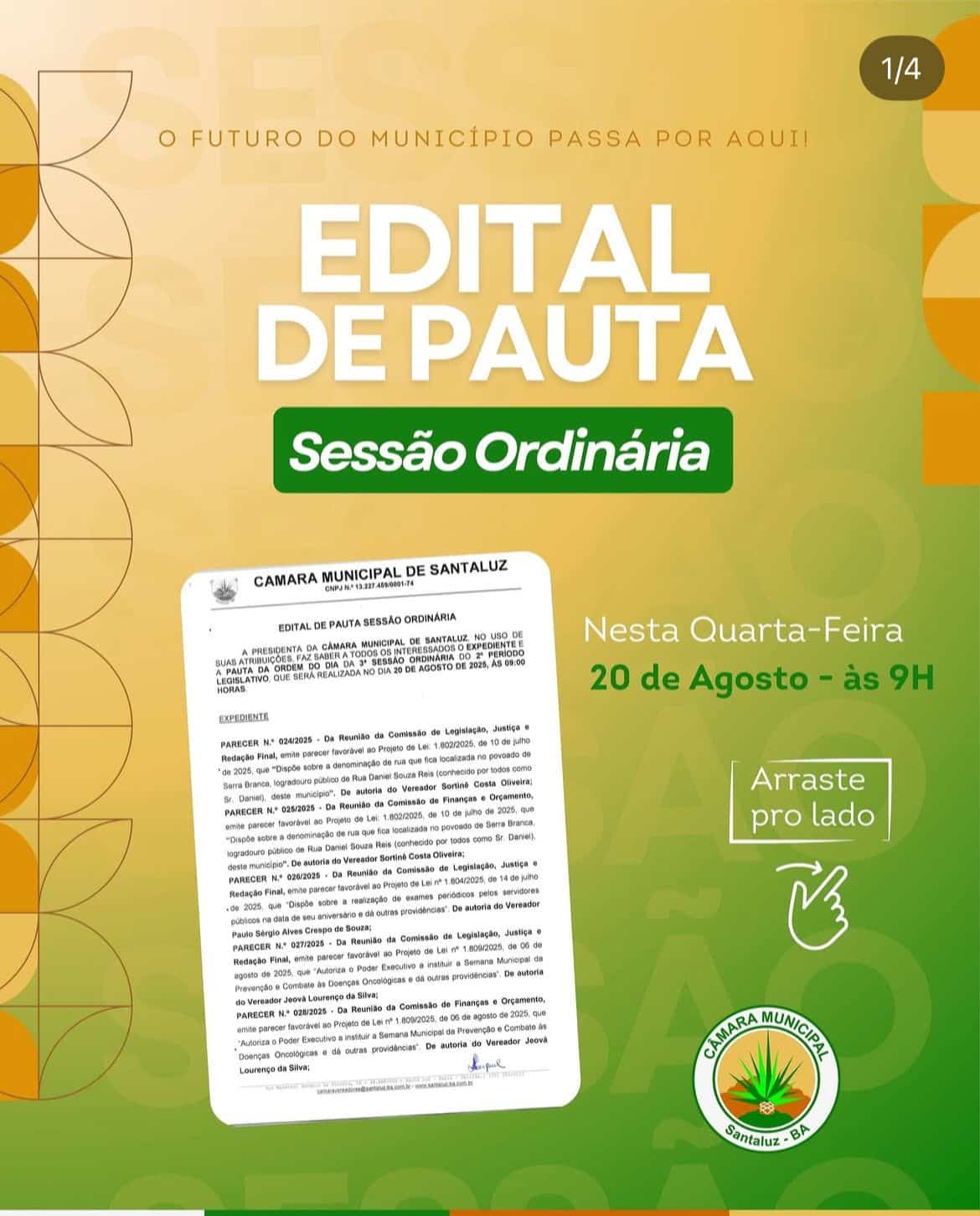 Leia mais sobre o artigo EDITAL DE PAUTA 3• SESSÃO ORDINÁRIA DO 2° PERÍODO LEGISLATIVO!