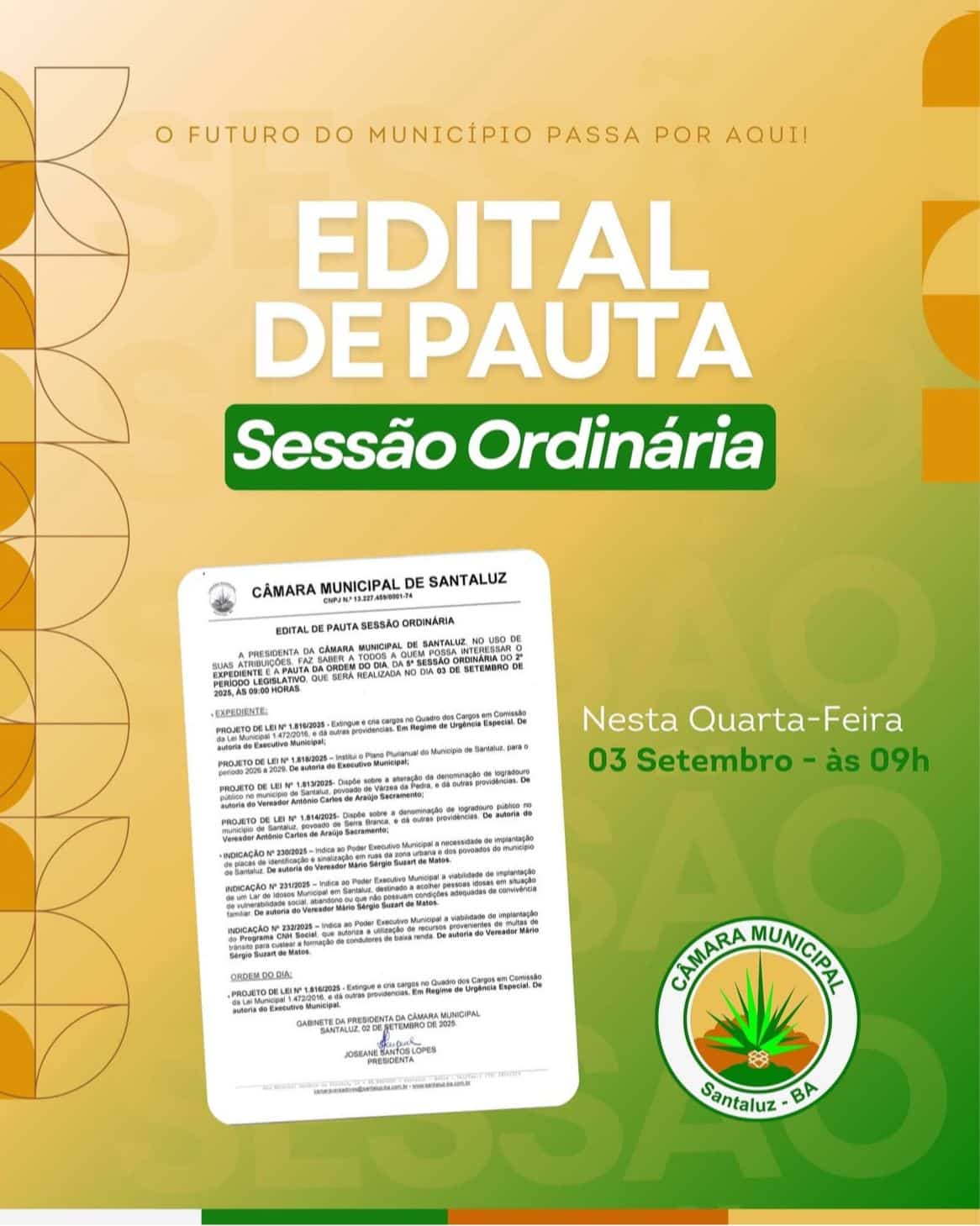 Leia mais sobre o artigo EDITAL DE PAUTA 5• SESSÃO ORDINÁRIA DO 2° PERÍODO LEGISLATIVO!